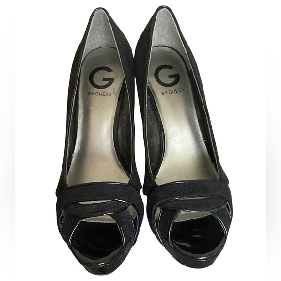 Guess Black Patent Leather Suede Peep Toe Heels Size 8 👠 - Picture 8 of 15